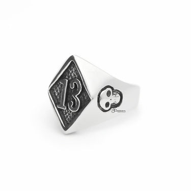 Stainless Steel Number 13 and Skulls Ring